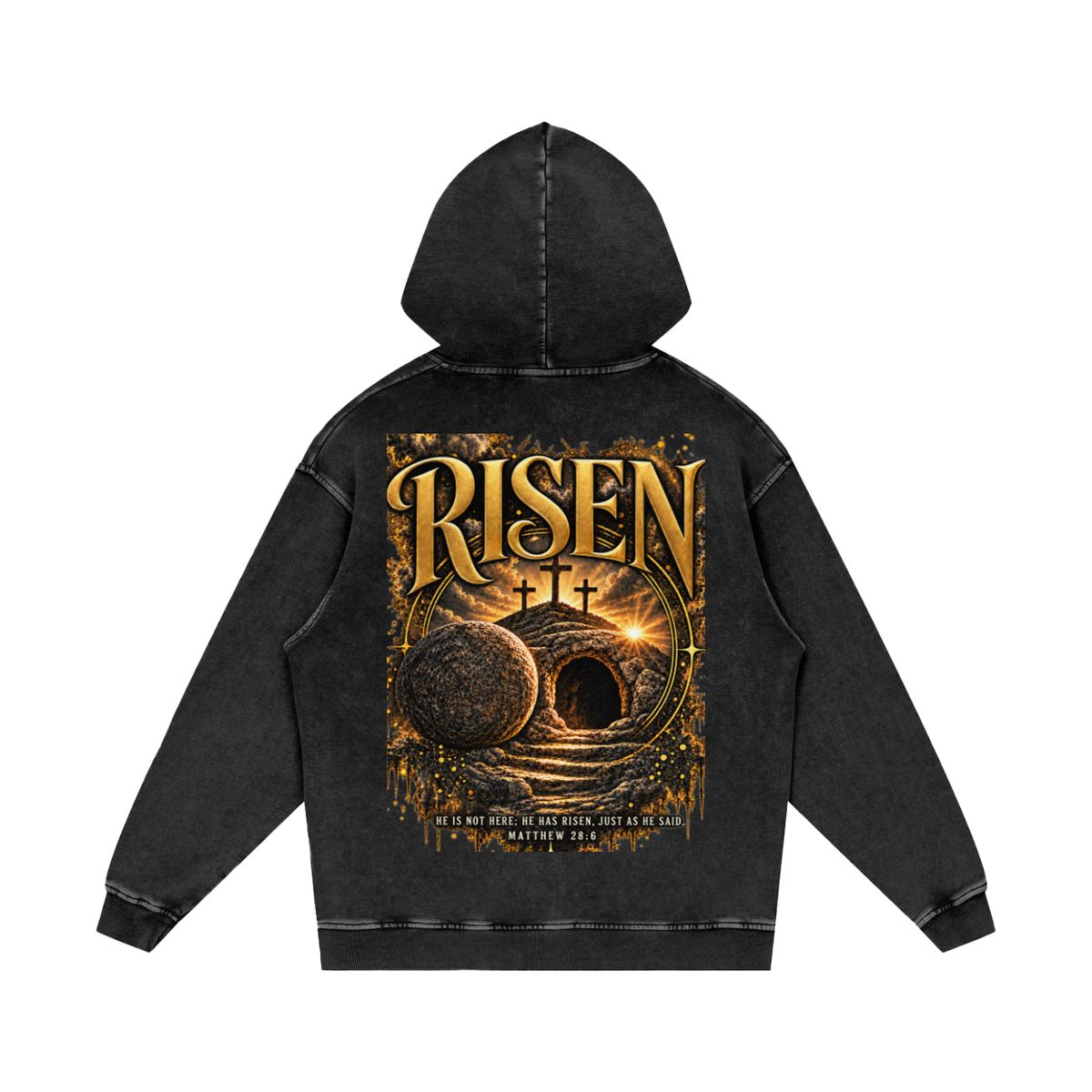 RISEN heavyweight Christian hoodie inspired by Matthew 28:6