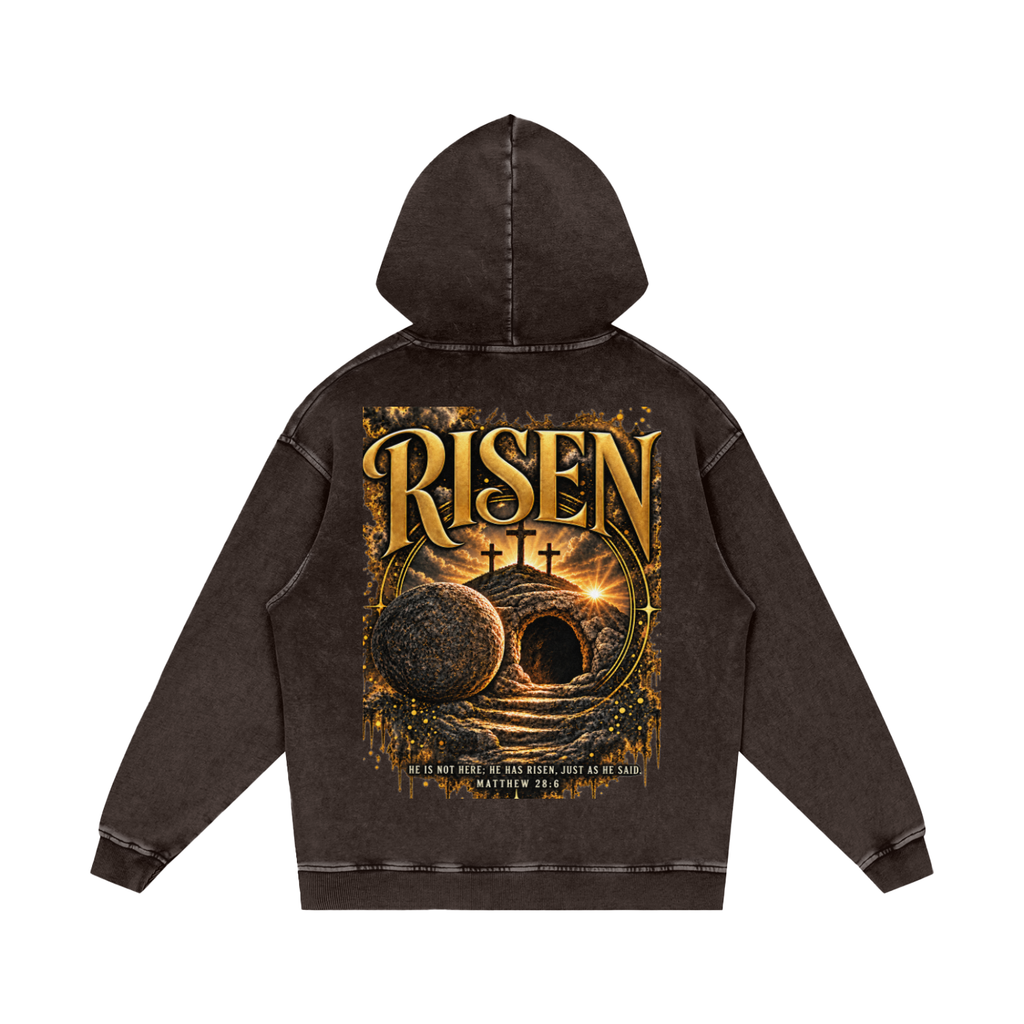 RISEN heavyweight Christian hoodie inspired by Matthew 28:6