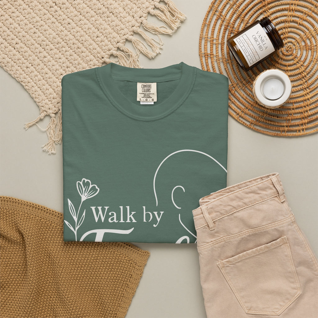 Walk by Faith minimalist Christian T-shirt inspired by 2 Corinthians 5:7