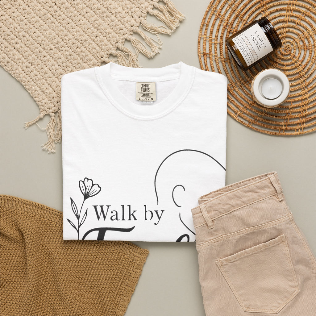 Walk by Faith minimalist Christian T-shirt inspired by 2 Corinthians 5:7