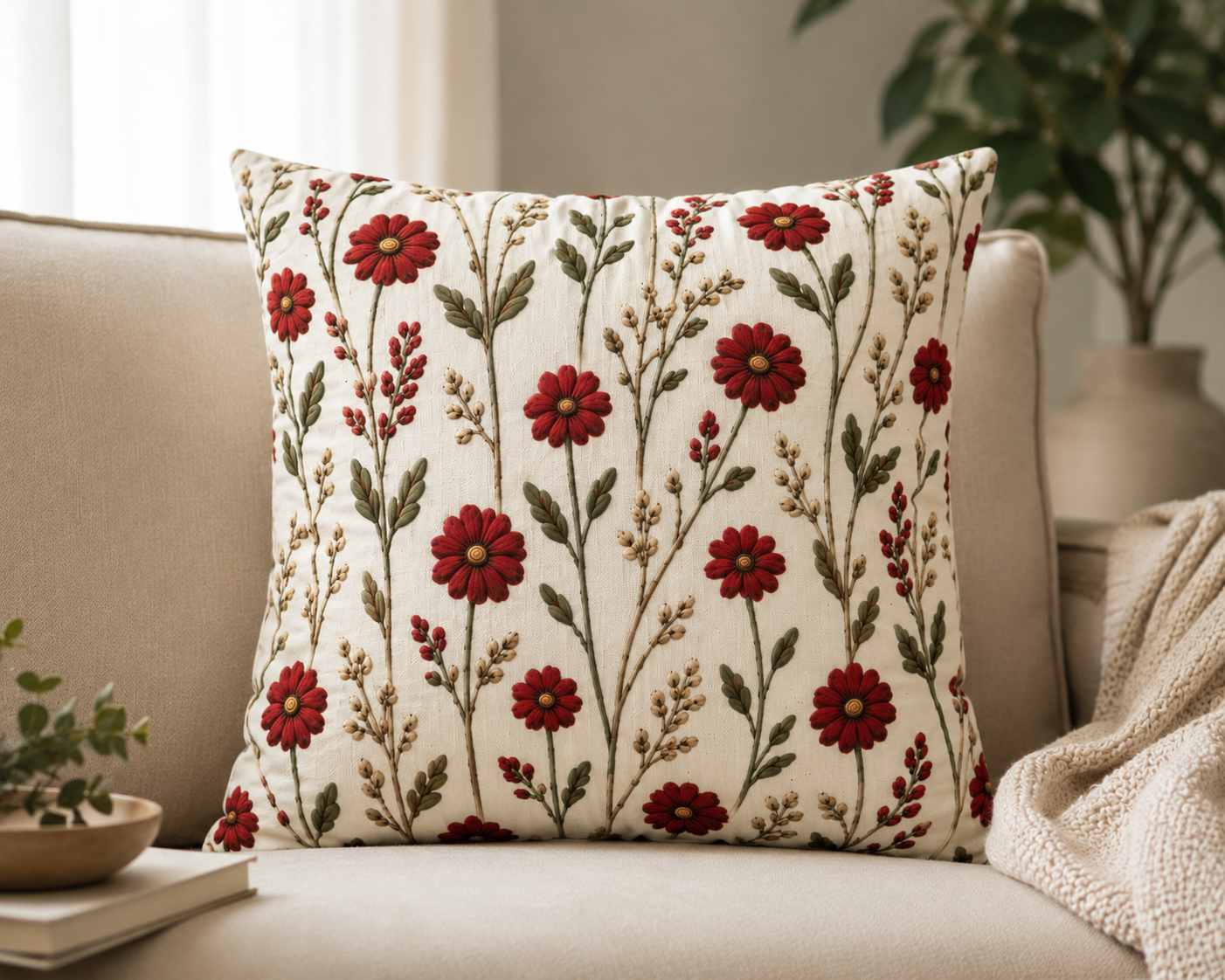 Floral Red Daisy Pillowcase — Red Botanical Square Throw Pillow Cover