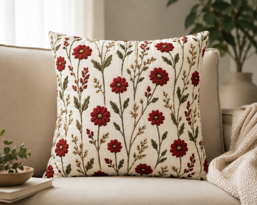 Floral Red Daisy Pillowcase — Red Botanical Square Throw Pillow Cover