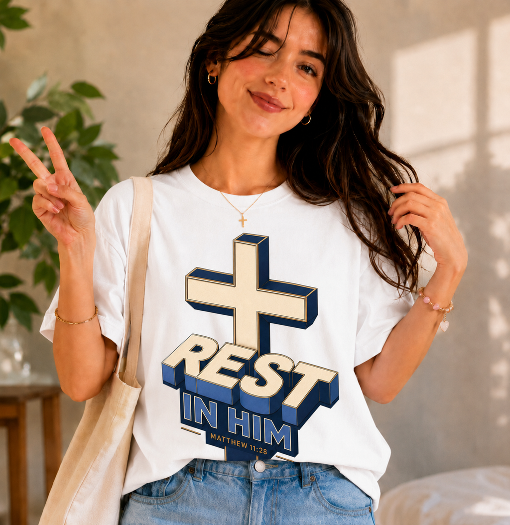 Rest in Him Matthew 11:28 Cross T-Shirt — Christian Scripture Graphic Tee