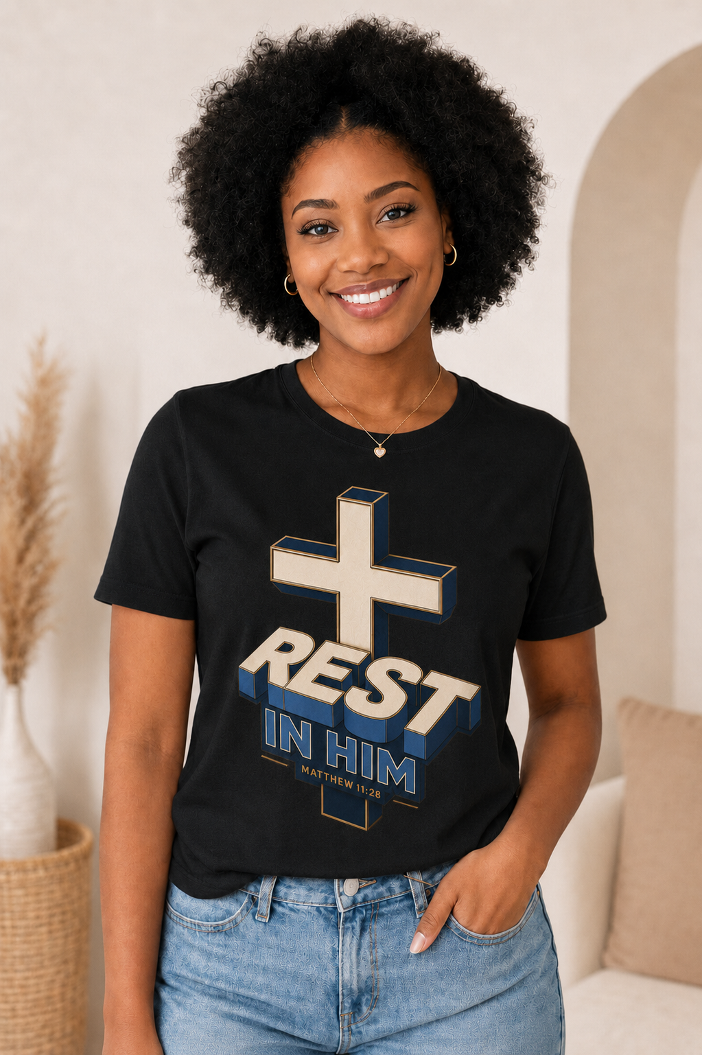 Rest in Him Matthew 11:28 Cross T-Shirt — Christian Scripture Graphic Tee