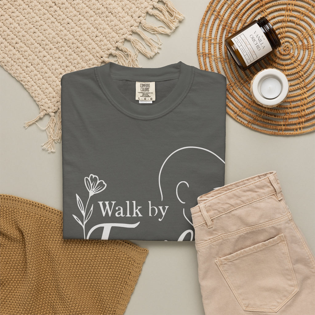 Walk by Faith minimalist Christian T-shirt inspired by 2 Corinthians 5:7