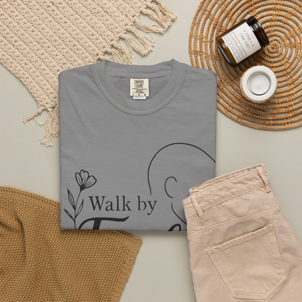 Walk by Faith minimalist Christian T-shirt inspired by 2 Corinthians 5:7
