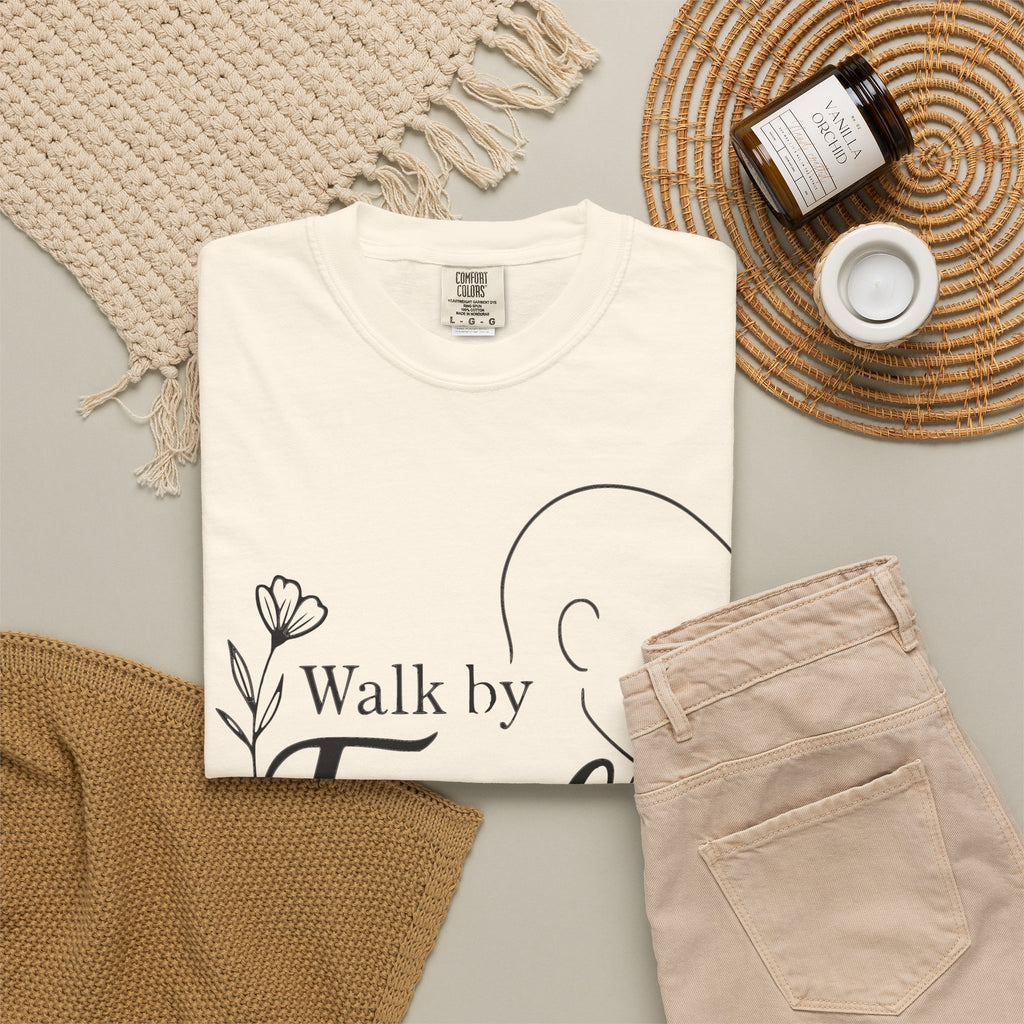 Walk by Faith minimalist Christian T-shirt inspired by 2 Corinthians 5:7