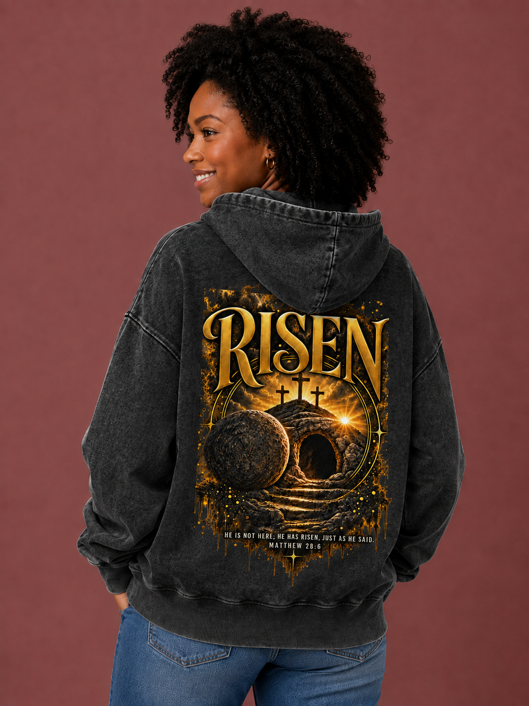 RISEN heavyweight Christian hoodie inspired by Matthew 28:6